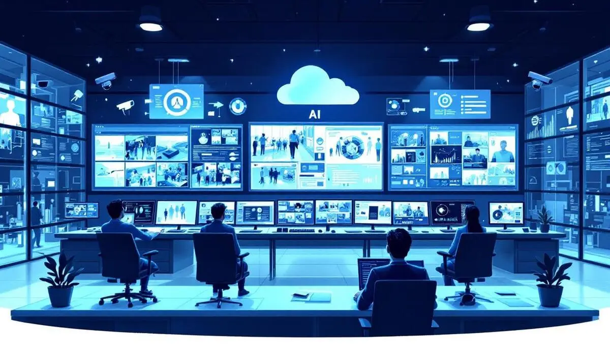 Modern security control room ai analytics video feeds cloud iconography