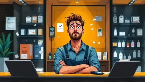 Stressed uk business owner inside closed online shop with broken payment devices