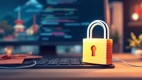 Sturdy padlock on computer keyboard with japanese cultural motifs cybersecurity