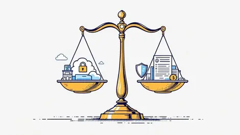 Balance scale cyber risk icons locks clouds vs insurance papers shield