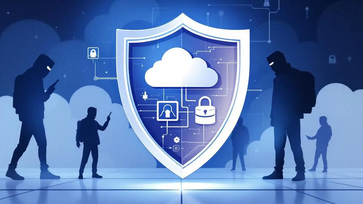 Shield protecting cloud storage icons cyber attackers digital security