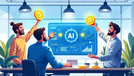 Enthusiastic entrepreneurs around glowing ai computer screen holding coin funding modern business