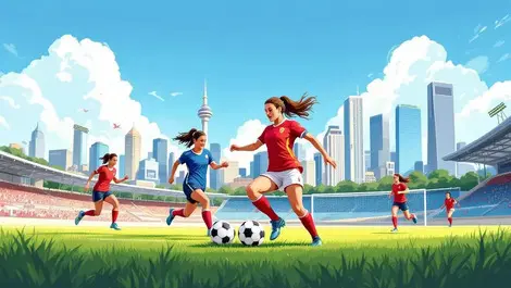 Female soccer players playing on grassy stadium field with australian city skyline