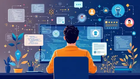 Programmer computer floating code snippets digital icons people ai collaboration technical problem solving