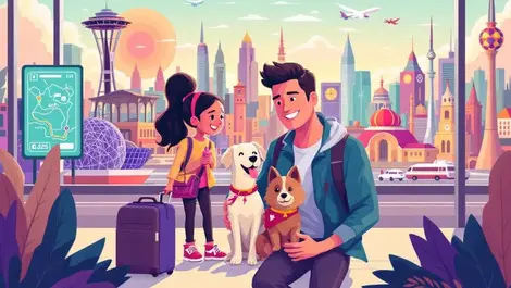 Colorful family with dog at airport surrounded by pop culture landmarks and futuristic cityscapes symbolizing 2026 travel trends