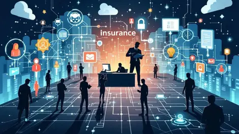 Insurance office with digital networks data streams and cyber threats illustration