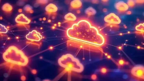 Interconnected cloud icons glowing pathways highlighted nodes network routes risk