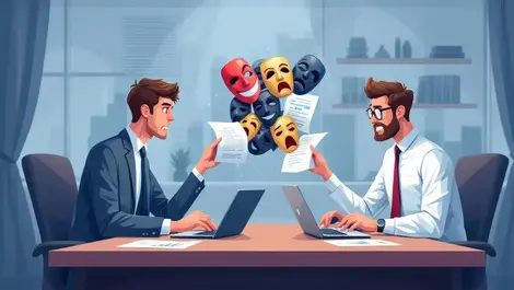 Frustrated b2b buyer rejecting scripted sales masks in meeting room