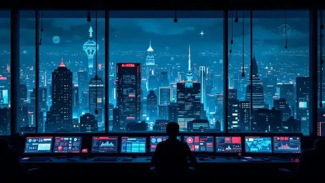 Moody corporate control room ai security alerts asian megacity