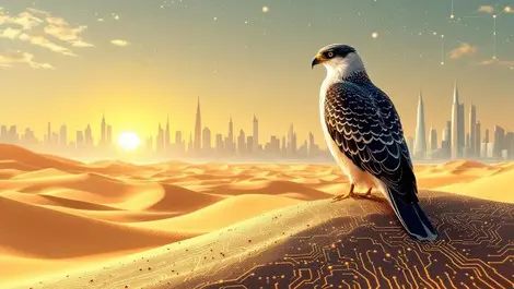 Falcon on circuit sand dunes over abu dhabi skyline ai sunrise