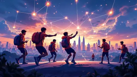 Malaysian athletes esports city rural glowing network evening scene