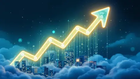 Glowing branching data network arrow over enterprise city ai cloud