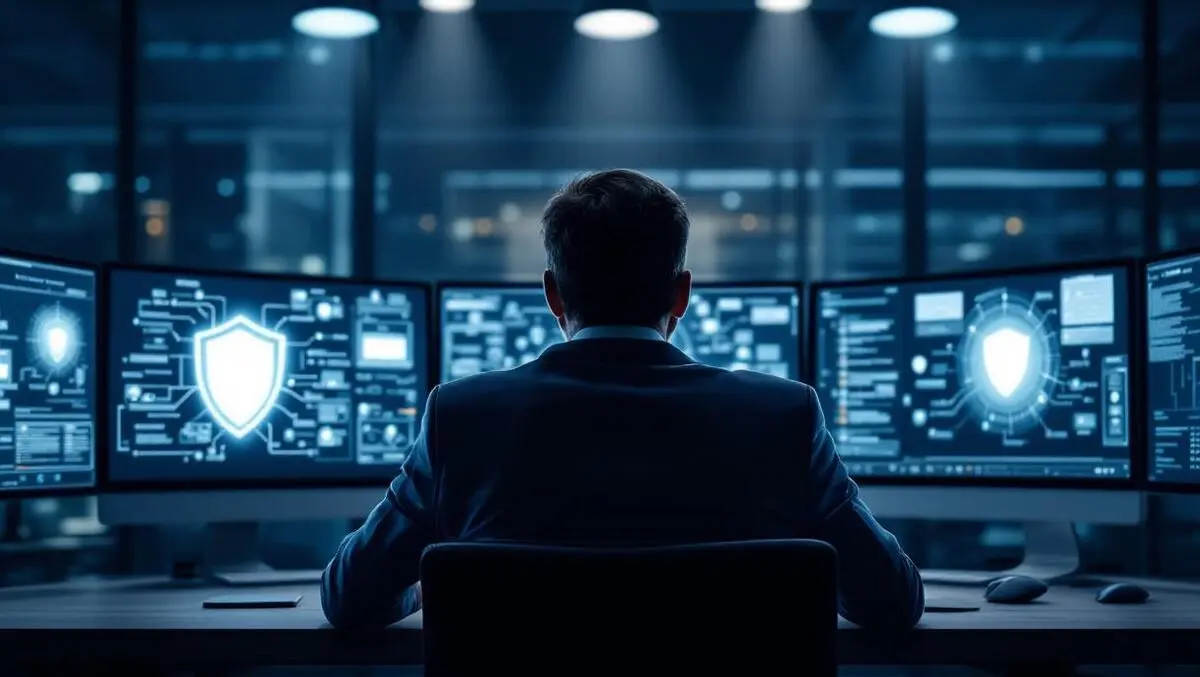 Stressed ciso in dark boardroom with security screens at night