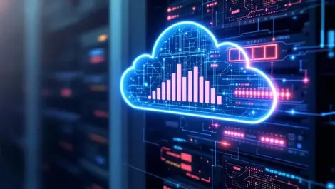 Secure cloud dashboard in network rack with firewall shield glow