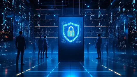 Ai cyber attack zero trust server room glowing data shield