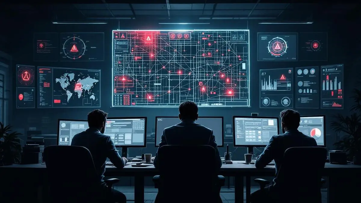 Moody soc with red alert monitors and central cyber blind spot