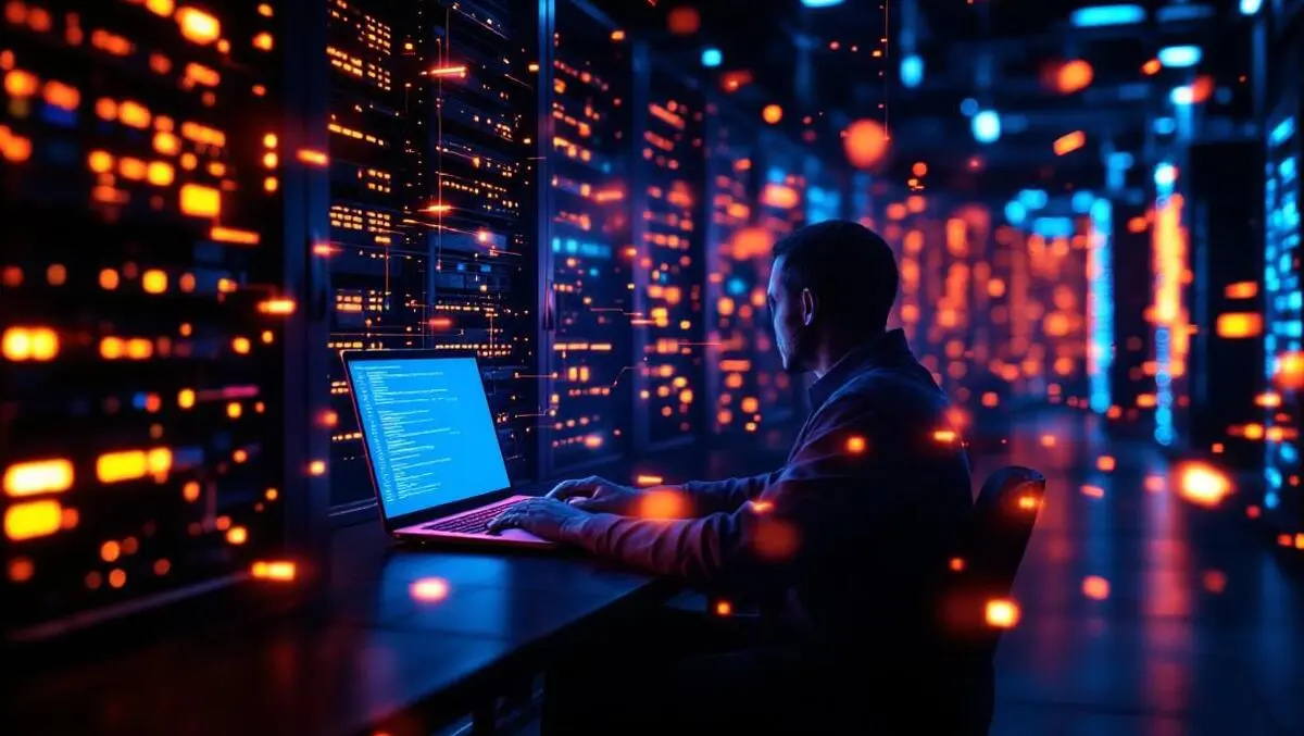Cinematic uk server room glowing laptop highlighted network breach