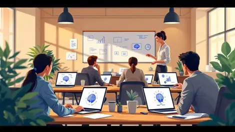 Modern open plan uk office ai brain laptops guidance warm light