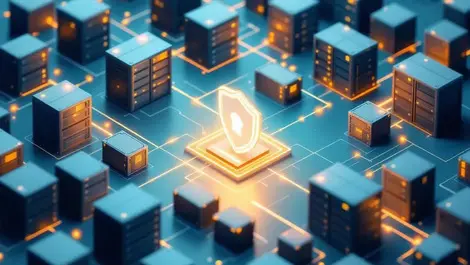 Secure software factory isometric server racks containers shield