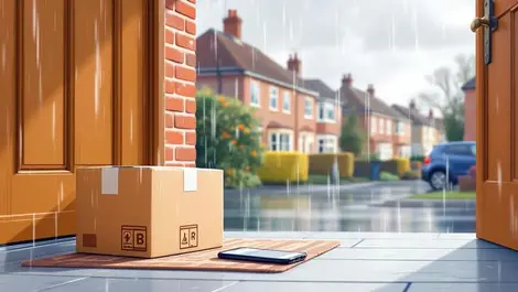 Uk rainy doorstep parcel and phone delivery progress scene