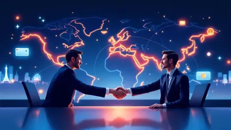 Global startup finance partners shaking hands world map links