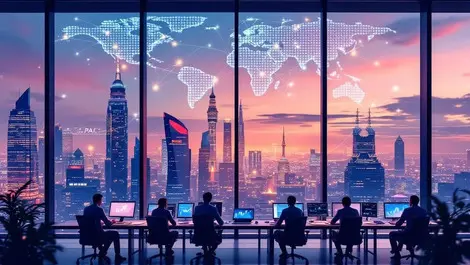 Apac trading floor dusk world map blockchain overlays collaboration