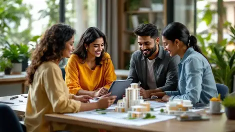 Chennai real estate office agent guiding couple floorplans