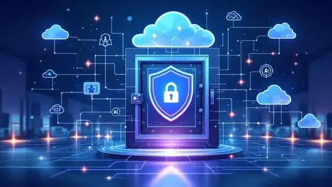 Secure data vault cloud ai agents network shield lock illustration